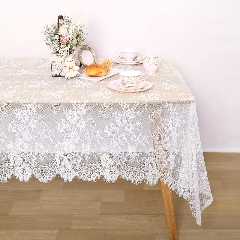 QueenDream White Lace Tablecloth 60 X120 Inches Rectangular Thanksgiving Table Cloth Vintage Embroidered Lace Fabric Overlay for Rustic Wedding Fall Tea Party Home Decor - Image 1